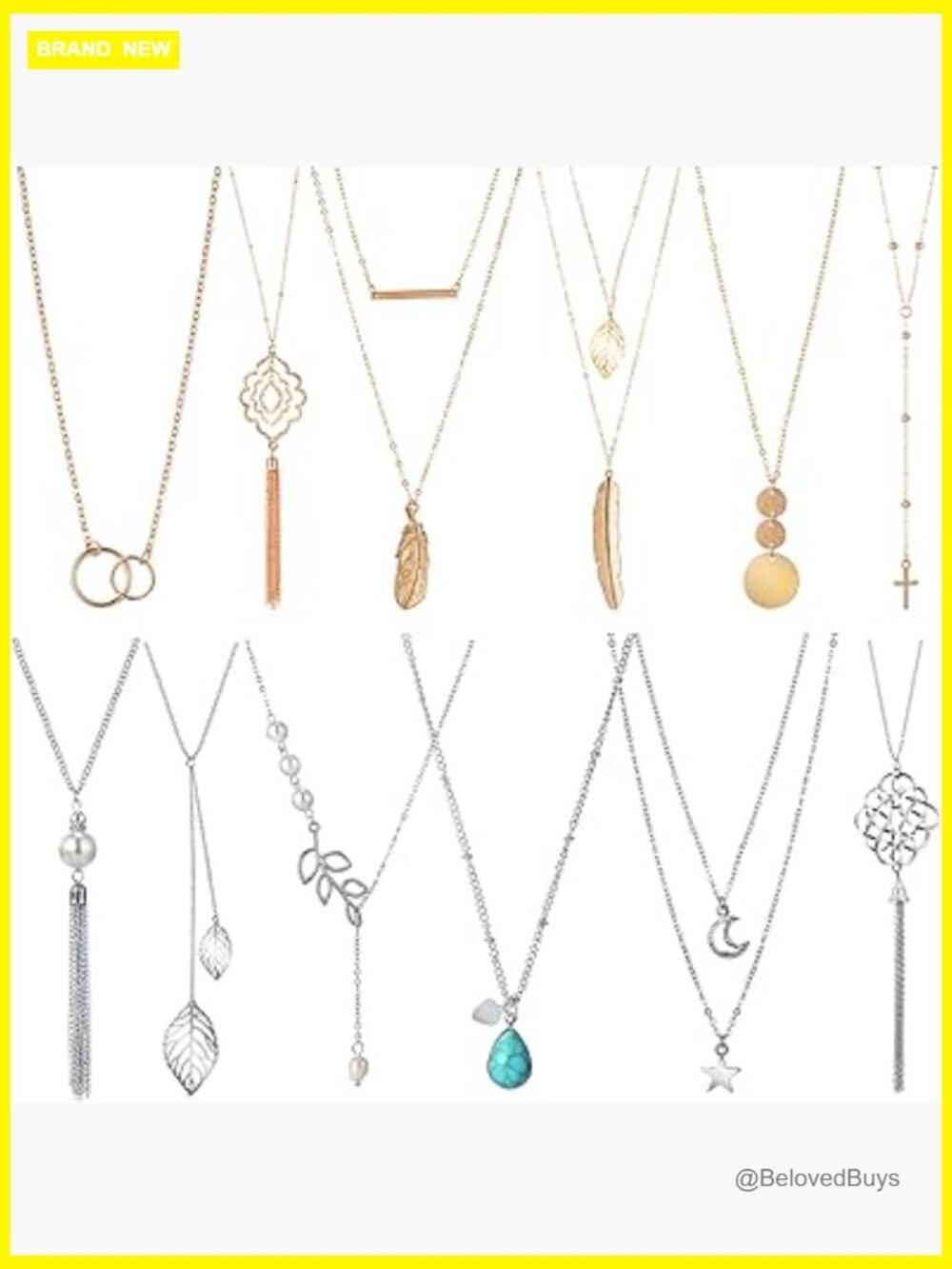 12 Piece Long Pendant Necklace Set Y Tassel Leaf Circle Bar Necklaces